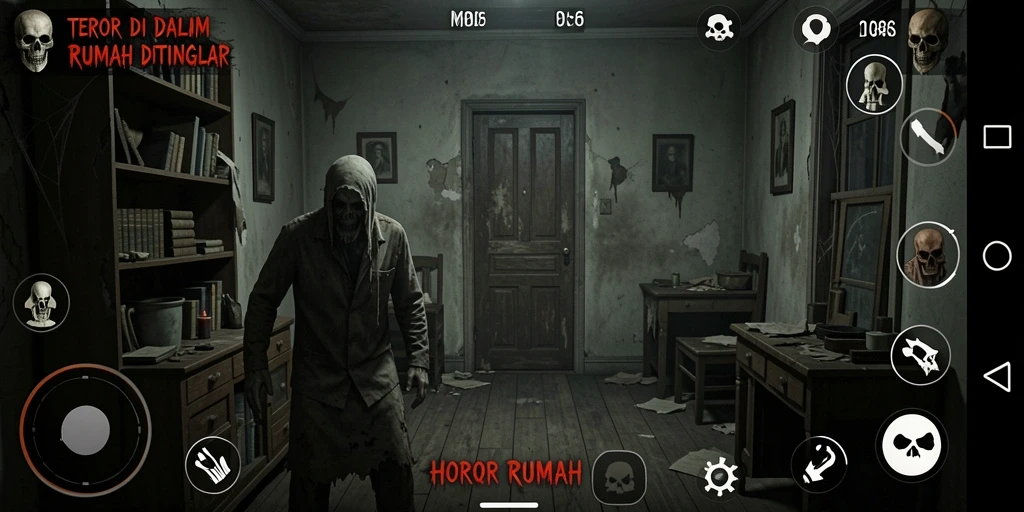 Screenshot utama DMD686 menampilkan suasana mencekam di dalam rumah angker.