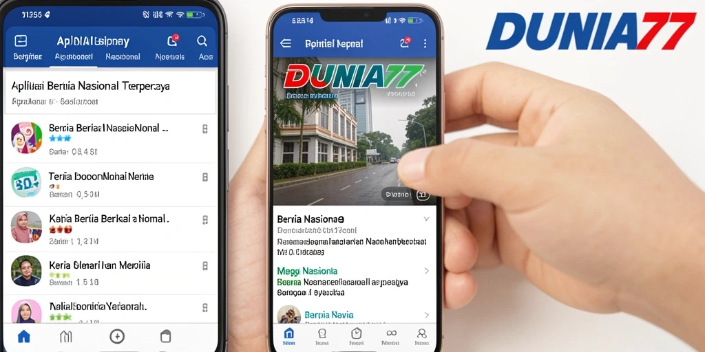 Antarmuka aplikasi DUNIA77 menampilkan berita nasional terkini dengan jelas.