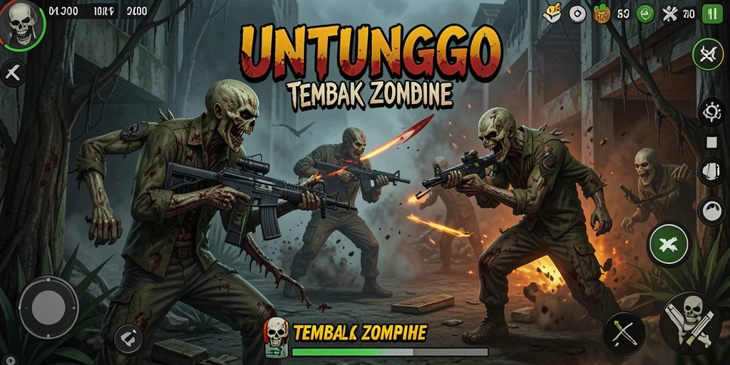 Tampilan antarmuka UNTUNGGO dengan aksi tembak menembak zombie.